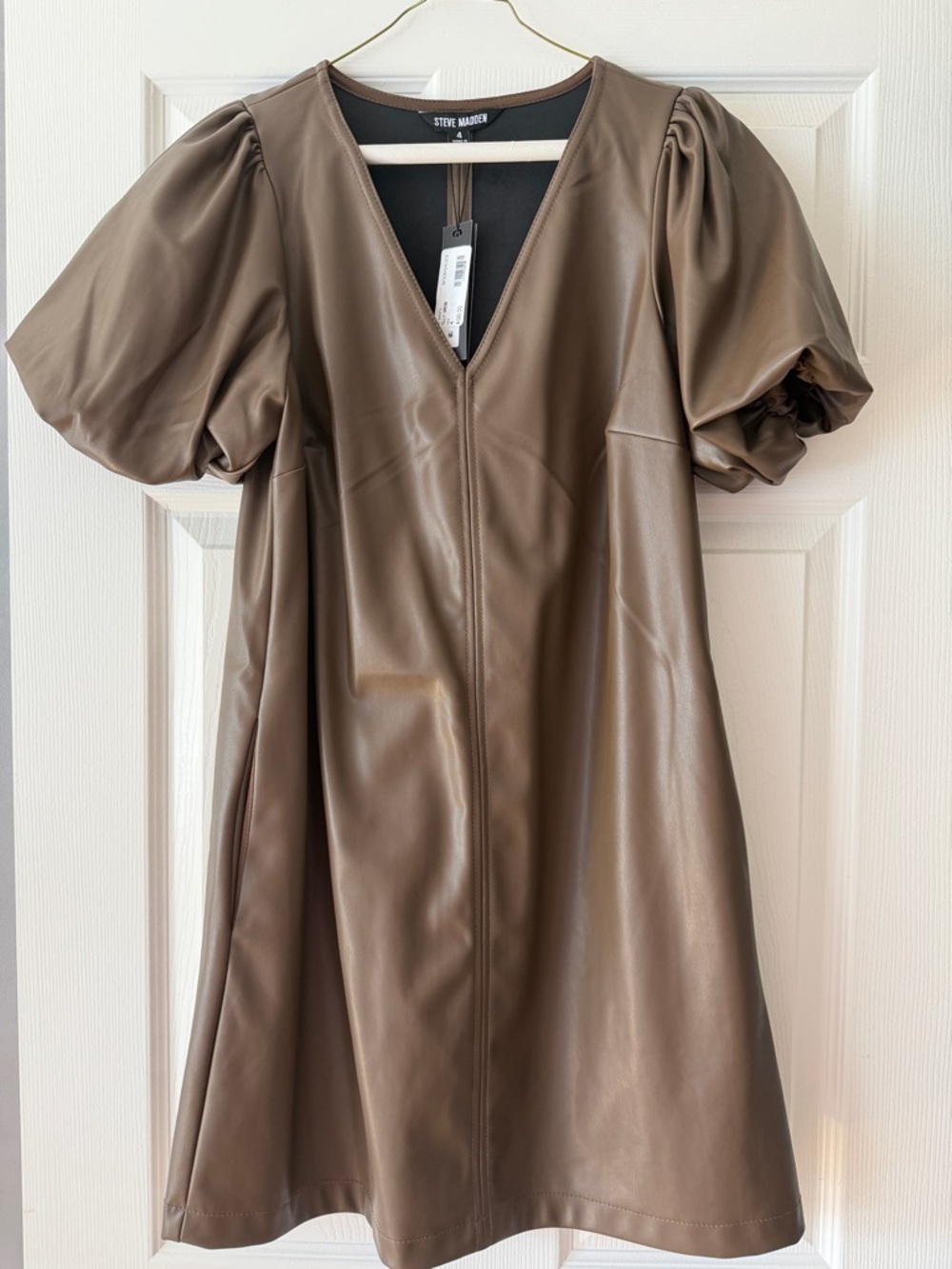 Steve Madden Brown Faux Leather Puff Sleeve Mini Dress